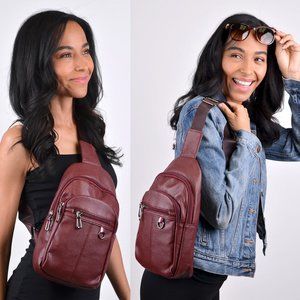 Belt Bag - Sling Bag - Burgundy W/ Red - 3 Compartment Vegan Faux Leather - NWT